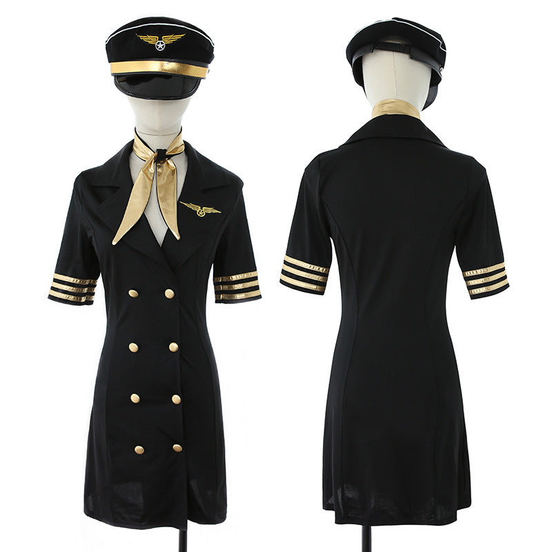 Front and back mannequin views of the black-and-gold button-front garment with matching hat and kerchief.