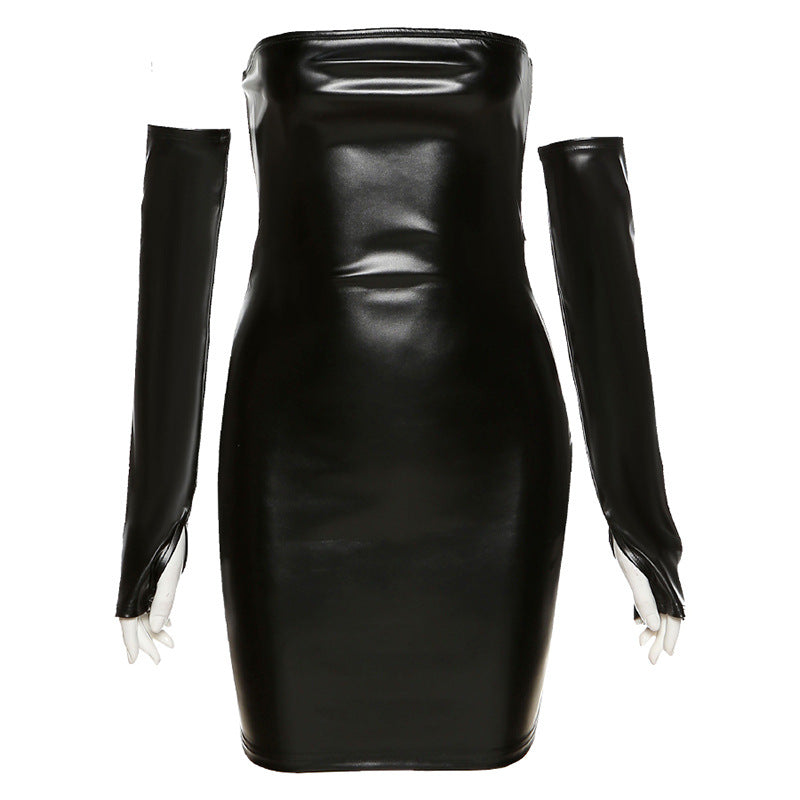 Adult model wearing the black glossy-look strapless mini dress on a white background; gloves are styling accessories and are not included.