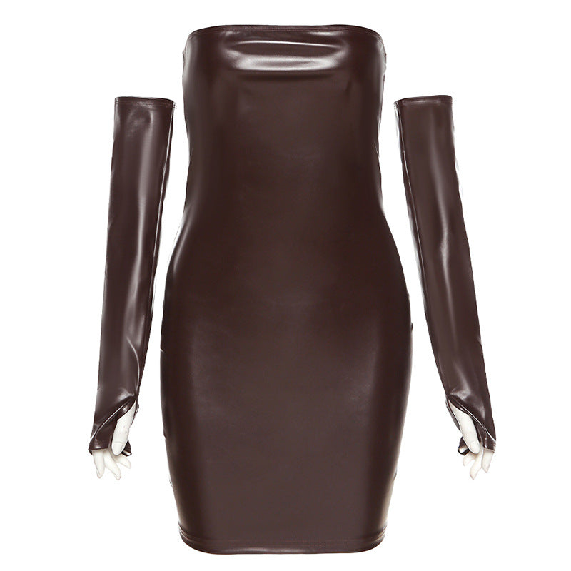 Adult model wearing the brown glossy-look strapless mini dress on a white background; gloves are styling accessories and are not included.