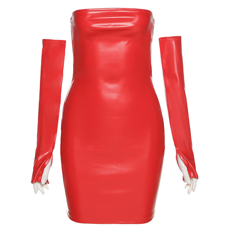 Adult model wearing the red glossy-look strapless mini dress on a white background; gloves are styling accessories and are not included.