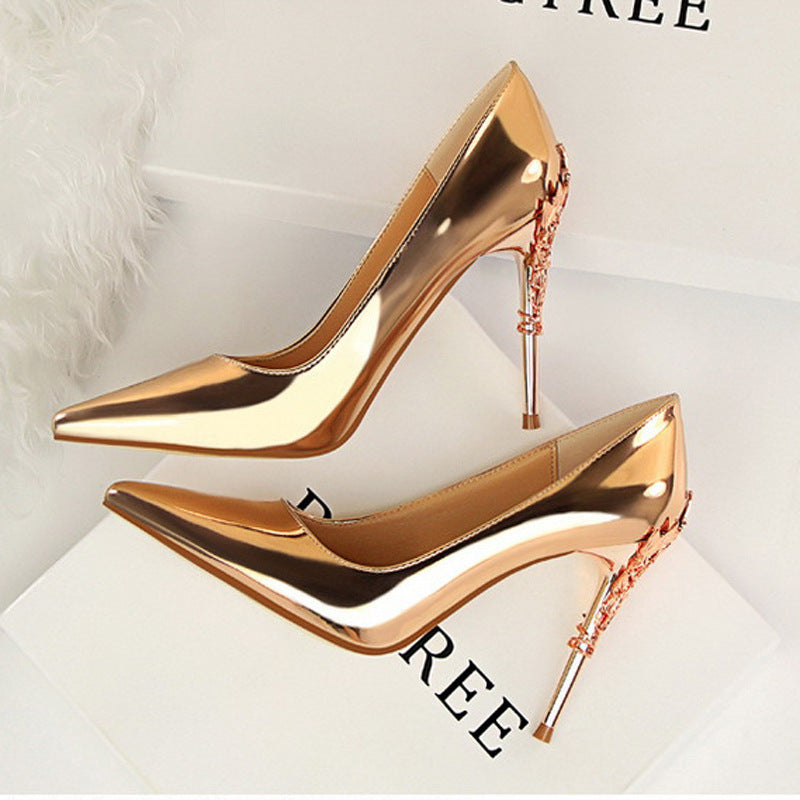 Copper Boardroom Pointed Stiletto Heels side and top views with copper-tone filigree heel detail