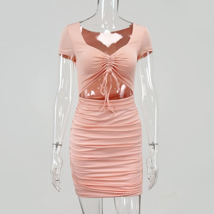 Room Service Ruched Cutout Mini Dress supplier view showing the short sleeves, ruched tie-front bodice, waist cutout, and fitted ruched mini skirt (supplier image 5).