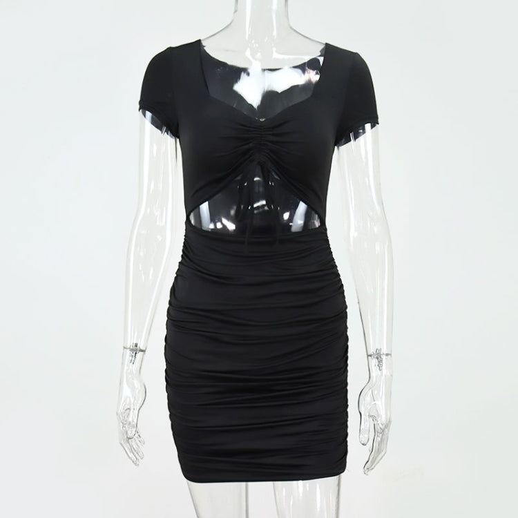 Room Service Ruched Cutout Mini Dress supplier view showing the short sleeves, ruched tie-front bodice, waist cutout, and fitted ruched mini skirt (supplier image 3).