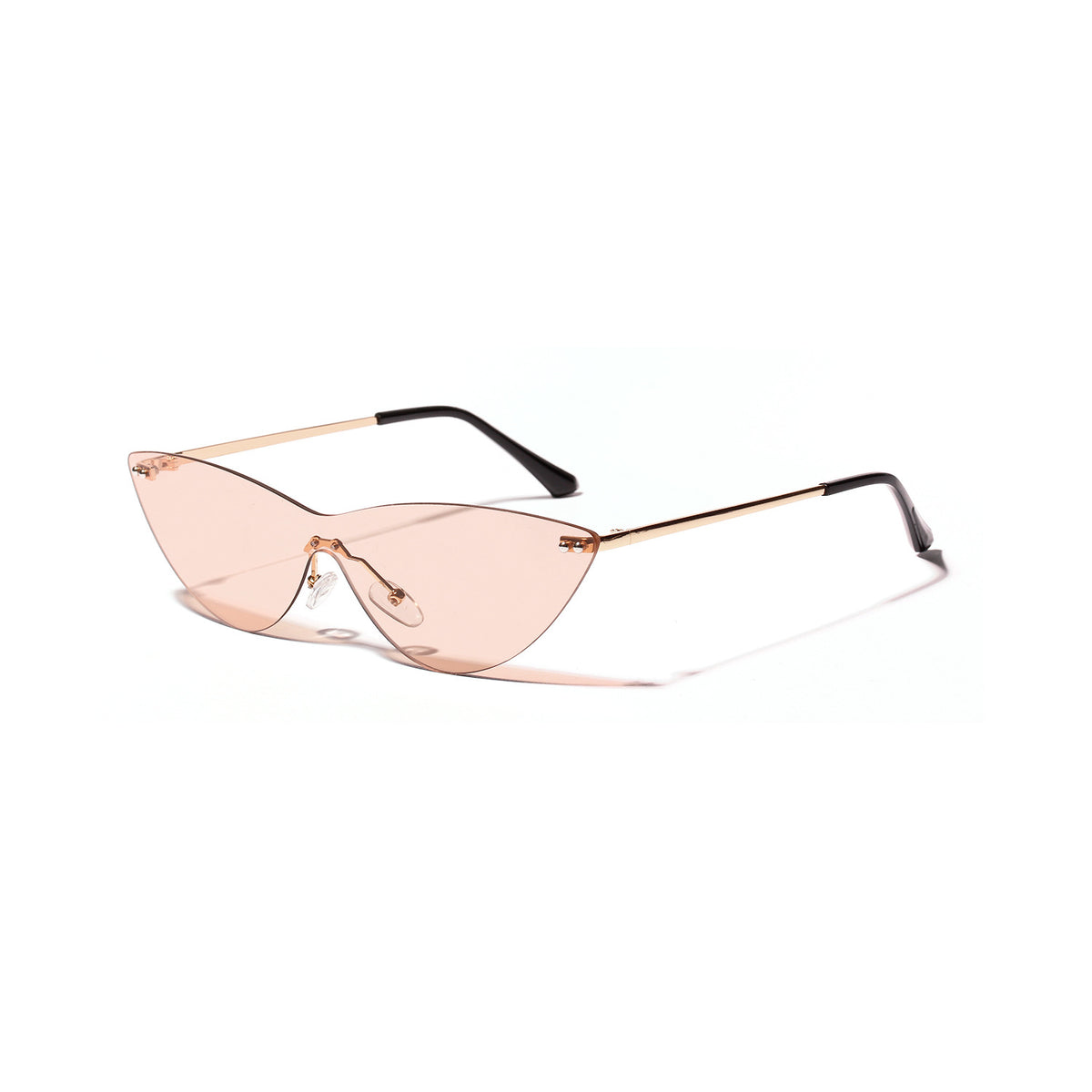 Gilded Wing brown rimless cat-eye sunglasses with gold-tone arms, front angle on white