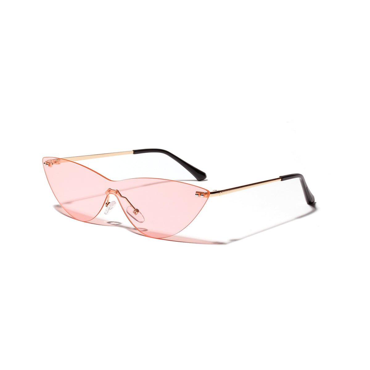 Pink rimless cat-eye sunglasses with gold-tone metal arms on a white background