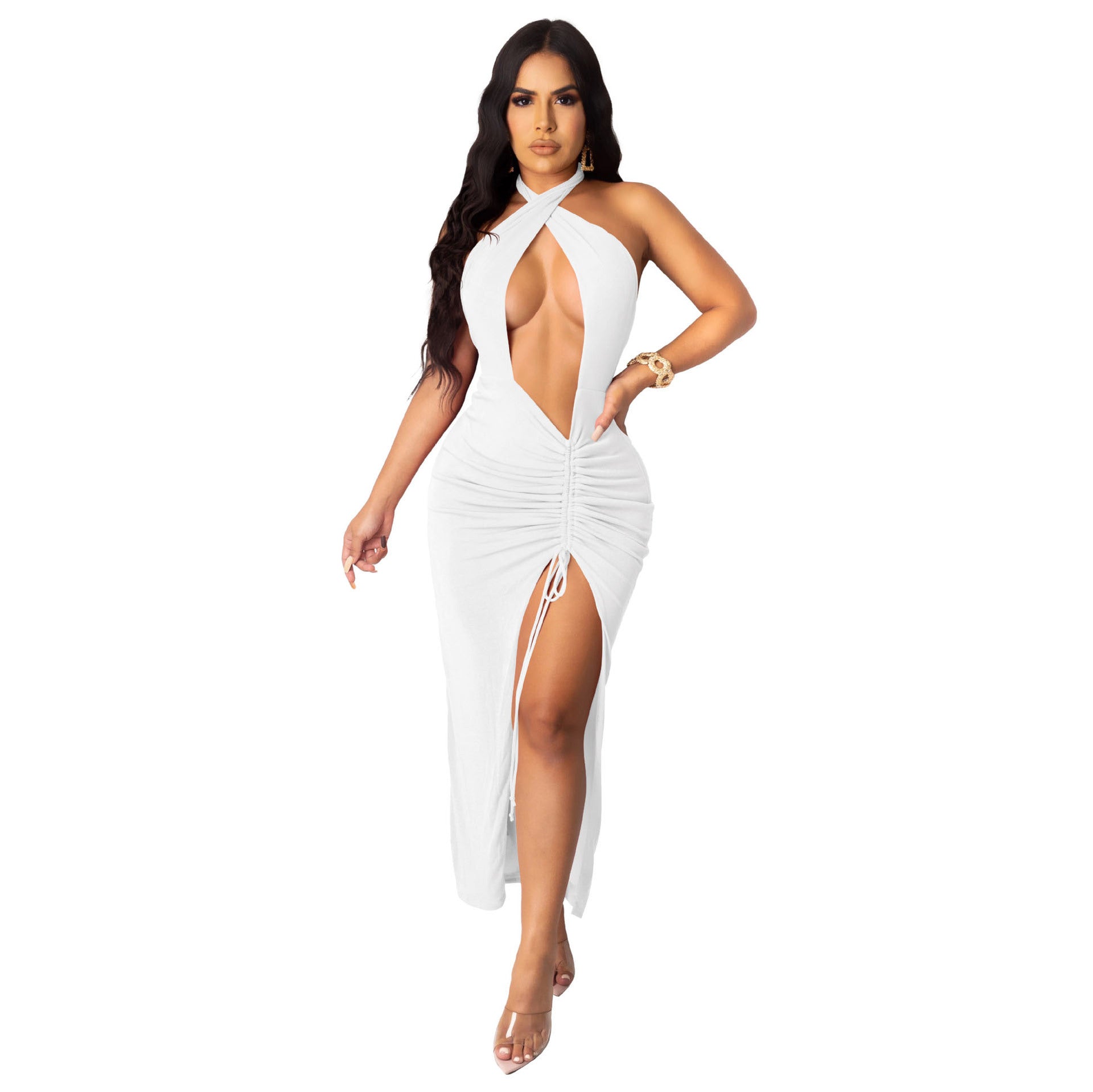 Full front view of an adult model wearing the white halter cutout maxi dress with ruched drawstring slit.
