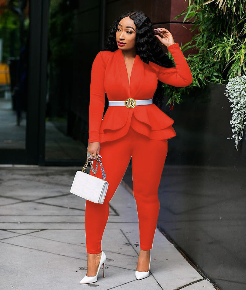 Power Position Peplum Suit view of the long-sleeve deep-V peplum jacket with layered ruffle hem and matching slim trousers (image 4).