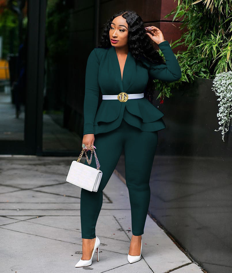 Power Position Peplum Suit view of the long-sleeve deep-V peplum jacket with layered ruffle hem and matching slim trousers (image 3).
