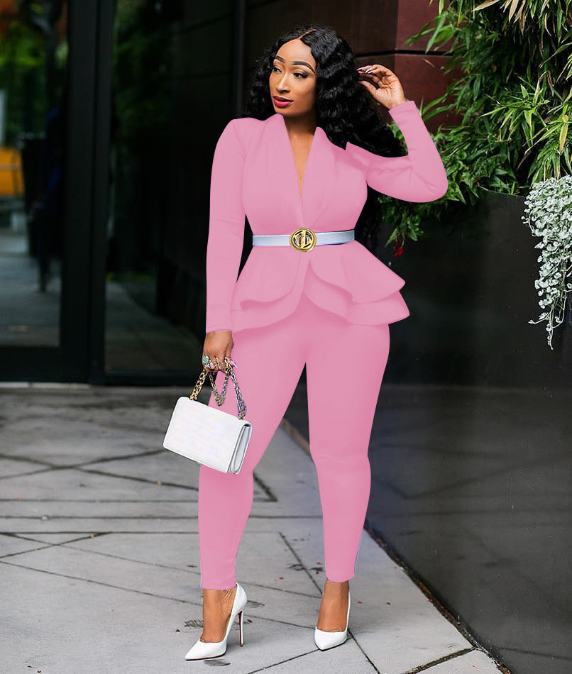 Power Position Peplum Suit view of the long-sleeve deep-V peplum jacket with layered ruffle hem and matching slim trousers (image 6).