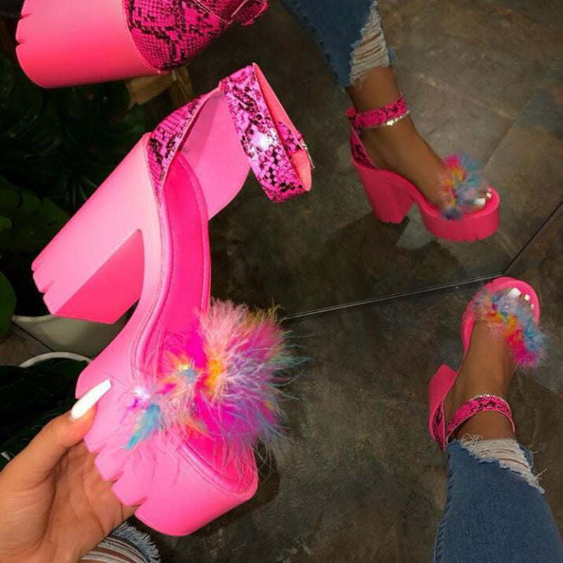 Pink Spotlight Fluff Platform Heel held and worn close up