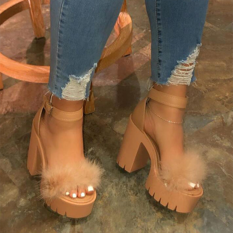 Bronze Spotlight Fluff Platform Heels worn front view