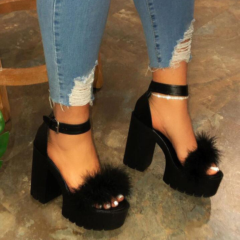 Black Spotlight Fluff Platform Heels worn front view
