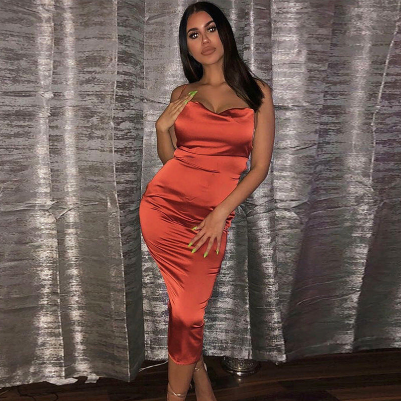 Satin After Midnight Orange Red satin midi dress in a full-length front styling view.