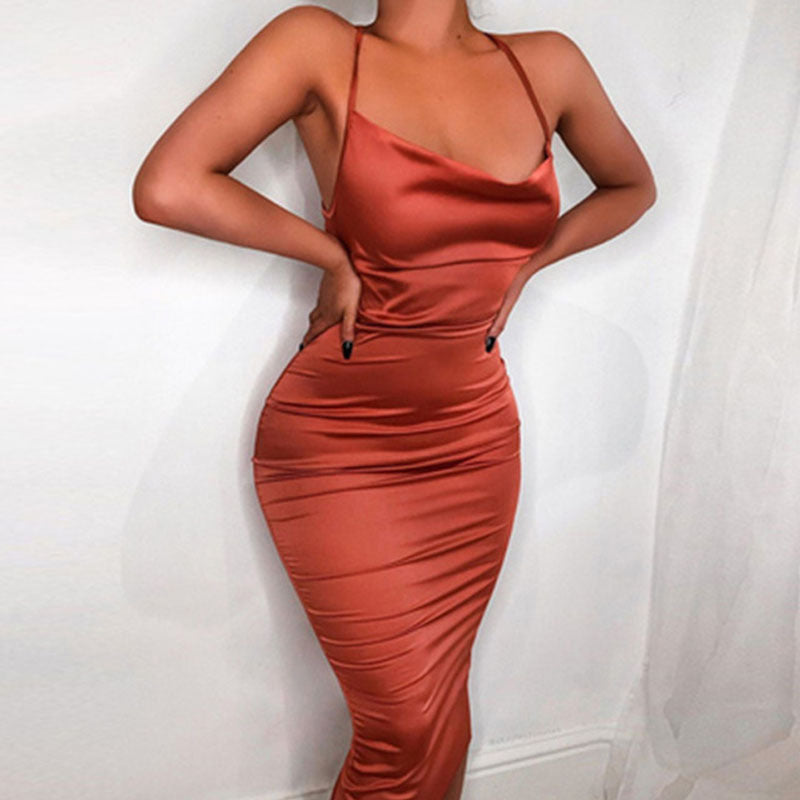 Satin After Midnight Orange Red satin midi dress showing the draped neckline and fitted silhouette.