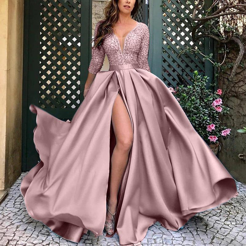 Grand Entrance Satin Gown supplier view showing the embellished deep-V bodice, three-quarter sleeves, full satin-look skirt, and front slit (supplier image 1).