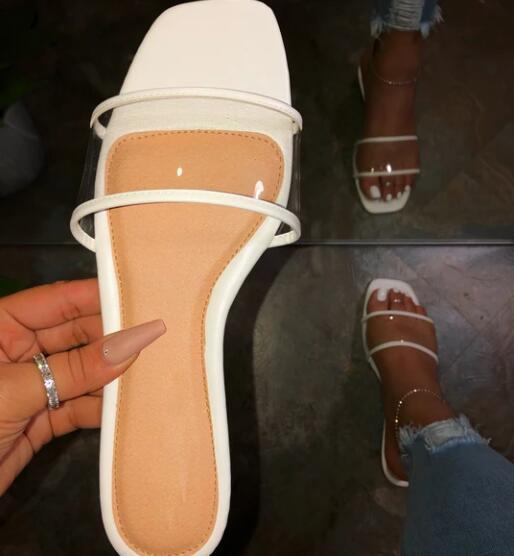 Clear Intent white square-toe slide with tan footbed, clear vamp band, and slim white toe strap