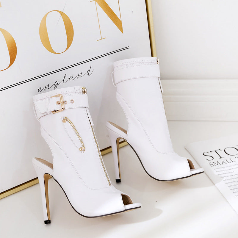White After Dark Cutout Stiletto Sandals product pair showing open toes, zipper details and slim heels