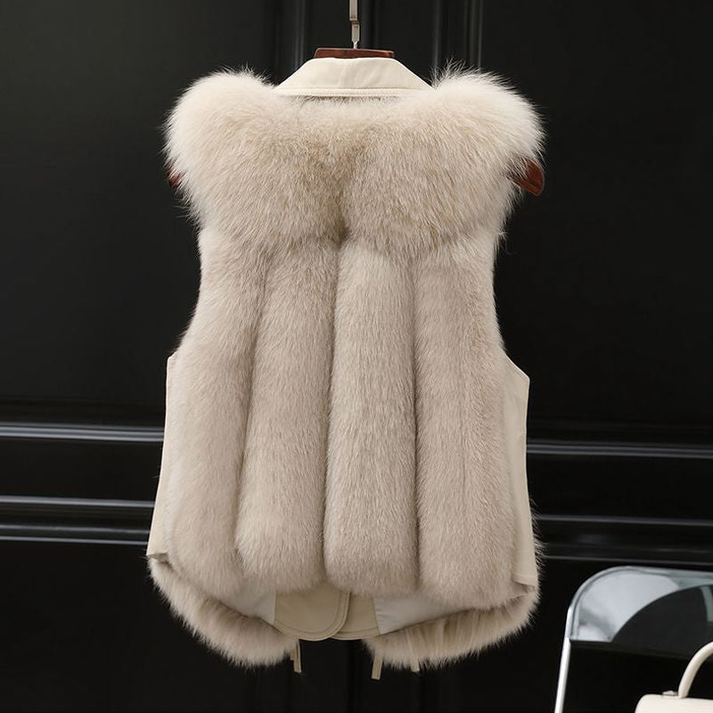 White Soft Power Faux-Fur Vest back view on a wooden hanger.