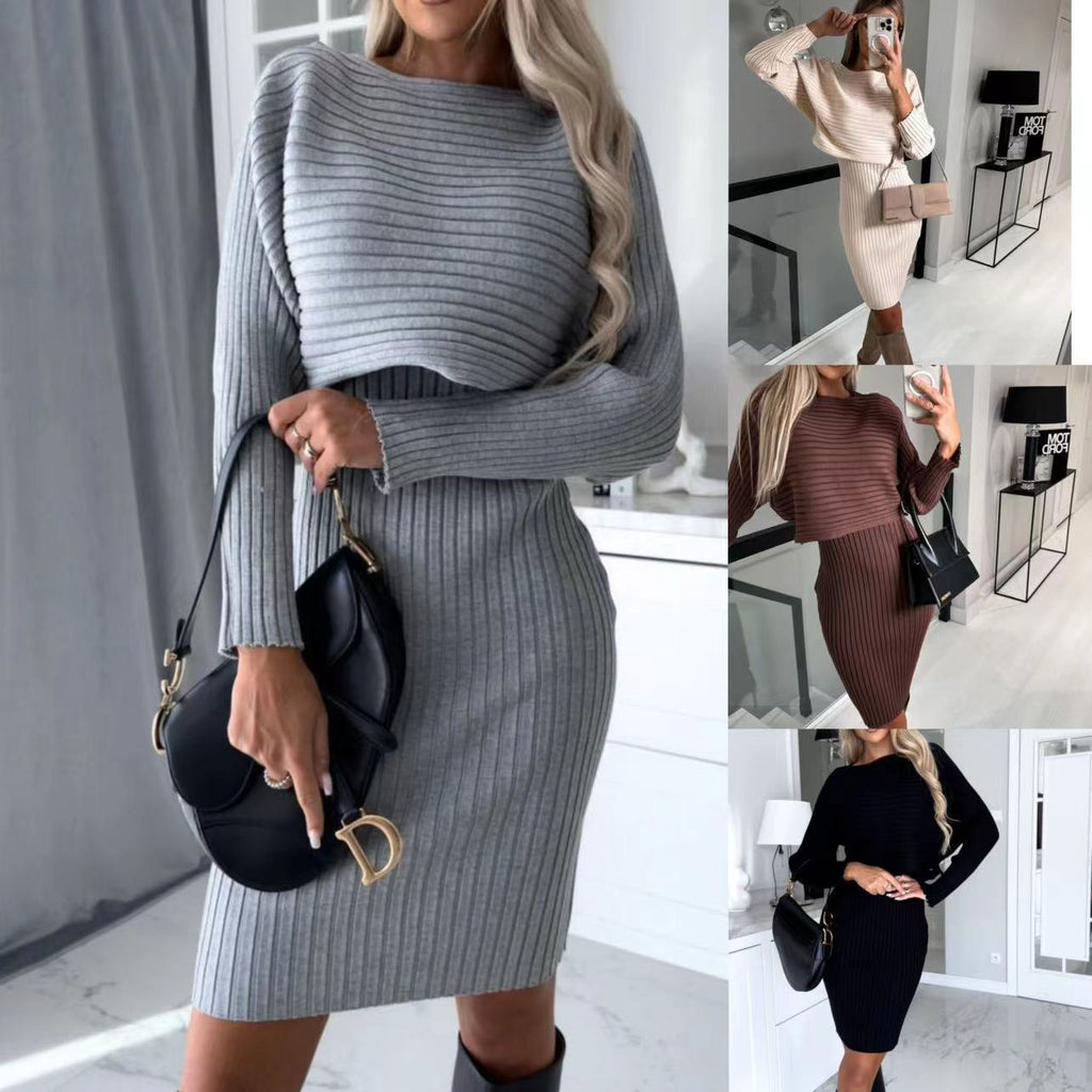 Collage showing the gray, creamy-white, brown and black rib-knit sweater-and-skirt sets on adult models.