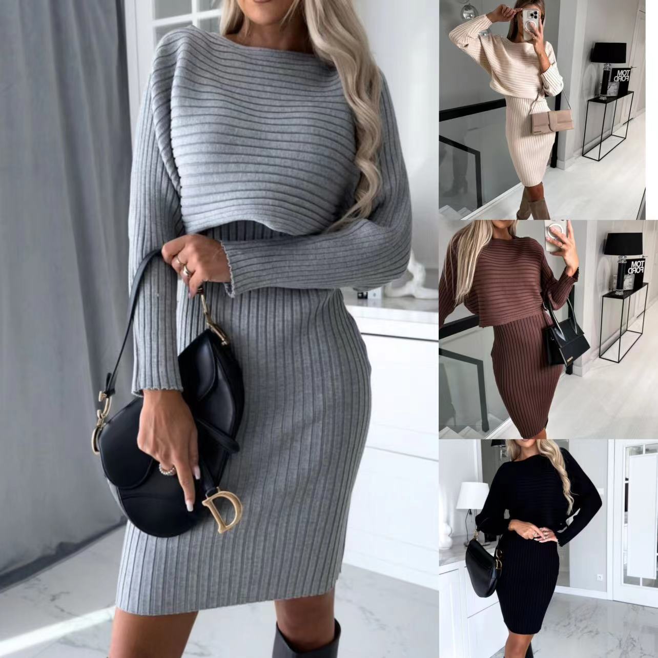 Collage showing the gray, creamy-white, brown and black rib-knit sweater-and-skirt sets on adult models.