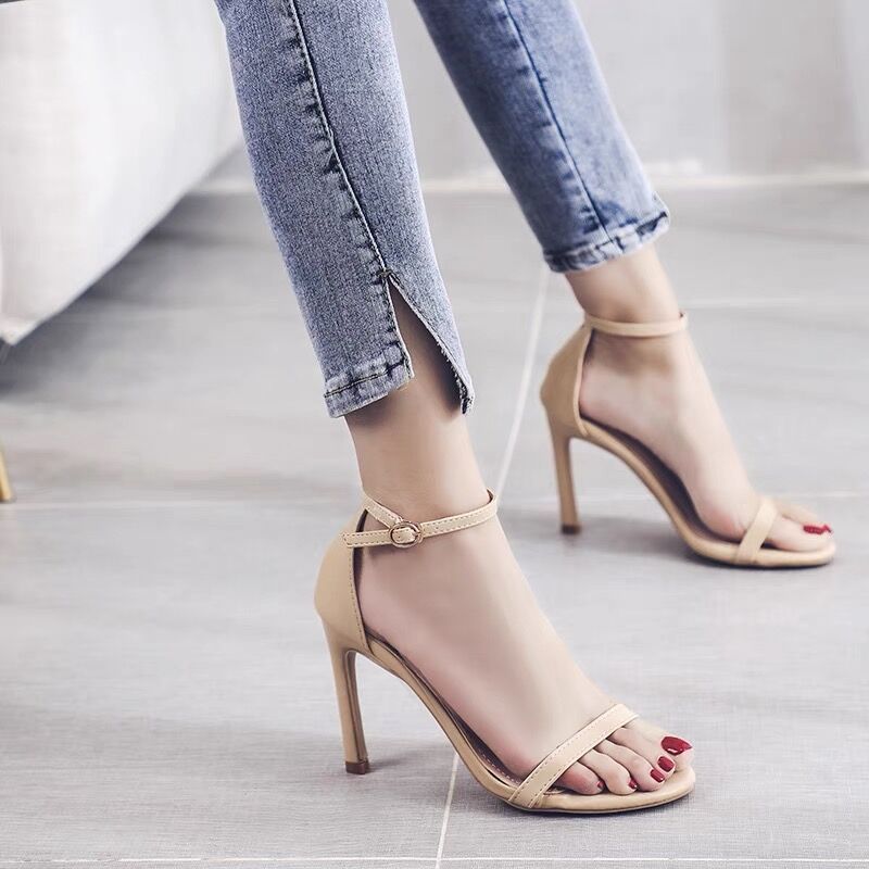 Quiet Luxury Stiletto Sandals supplier reference view 5 showing minimalist open-toe sandals with slim toe bands, closed heel counters, ankle-buckle straps and stiletto heels in apricot and black