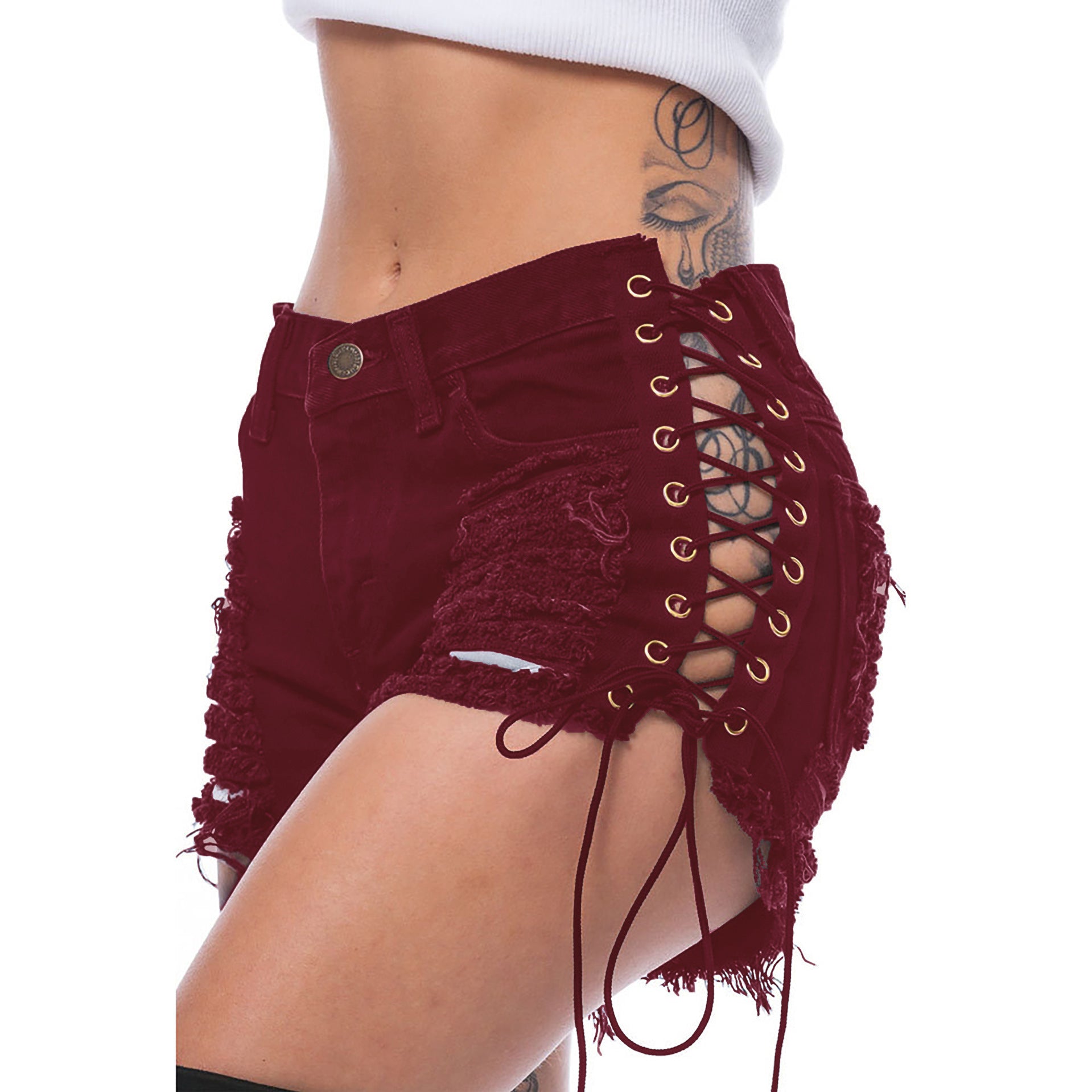 Close side-front view of wine-red distressed lace-up cutout shorts on an adult model.