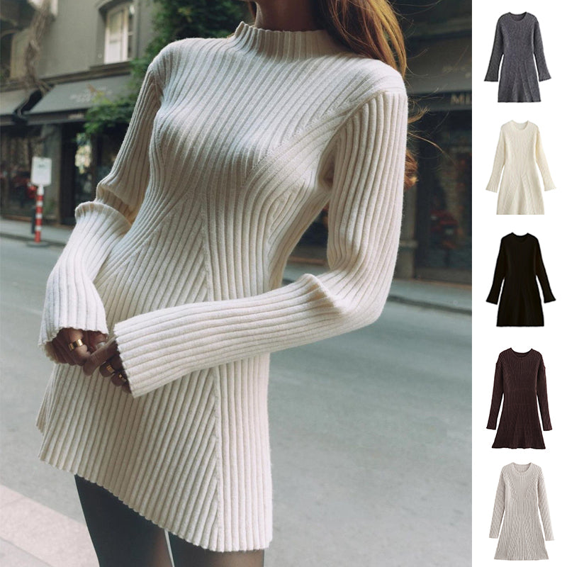 Collage showing the ribbed long-sleeve A-line dress on an adult model with black, gray, coffee, and milky-white product color views.
