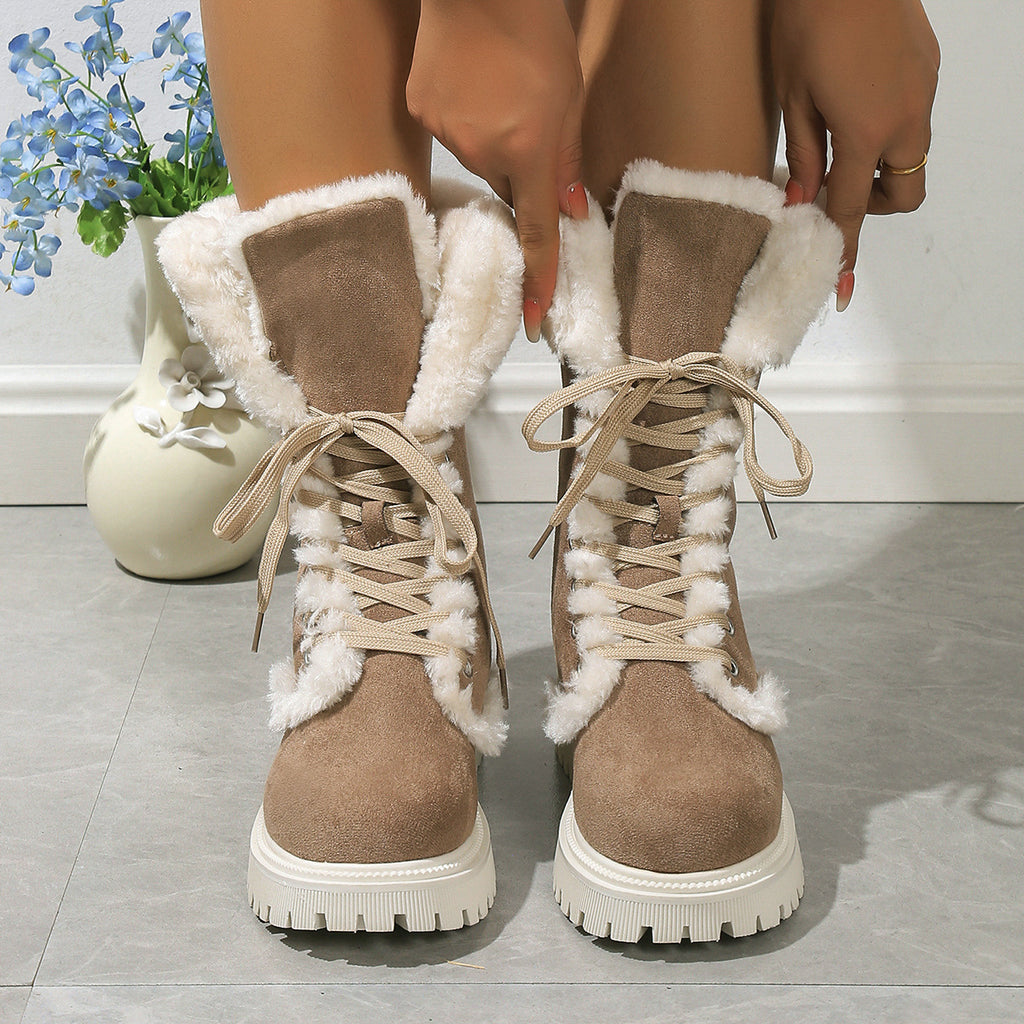 Brown Frost Kiss Lace-Up Boots shown from the front with laces and plush cuffs.