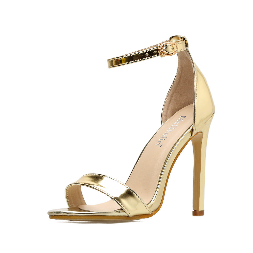 Adult model wearing silver Liquid Metal Stiletto Sandals