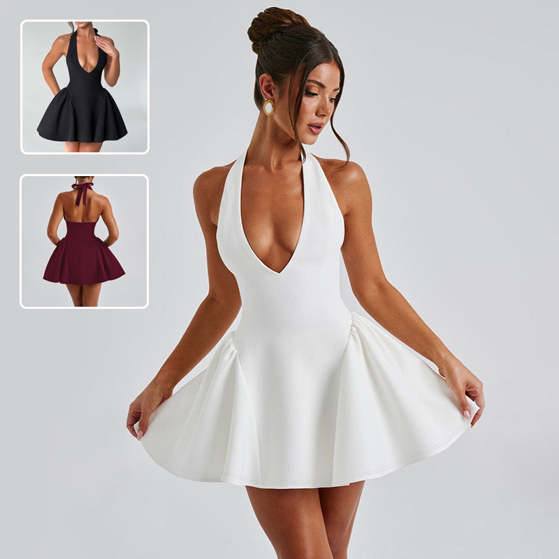 VIP Guest Halter Mini Dress supplier view showing the sleeveless halter V-neck, fitted bodice, open-back construction, and flared mini skirt (supplier image 1).