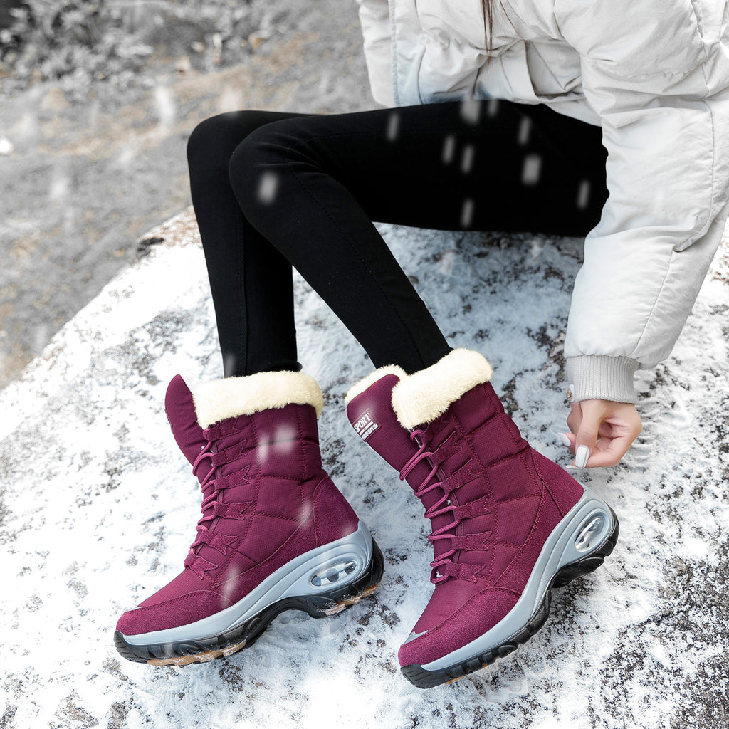 Snow Angel Platform Boots supplier reference view 5 showing black, red and white quilted snow boots with plush black cuffs, black laces and platform soles
