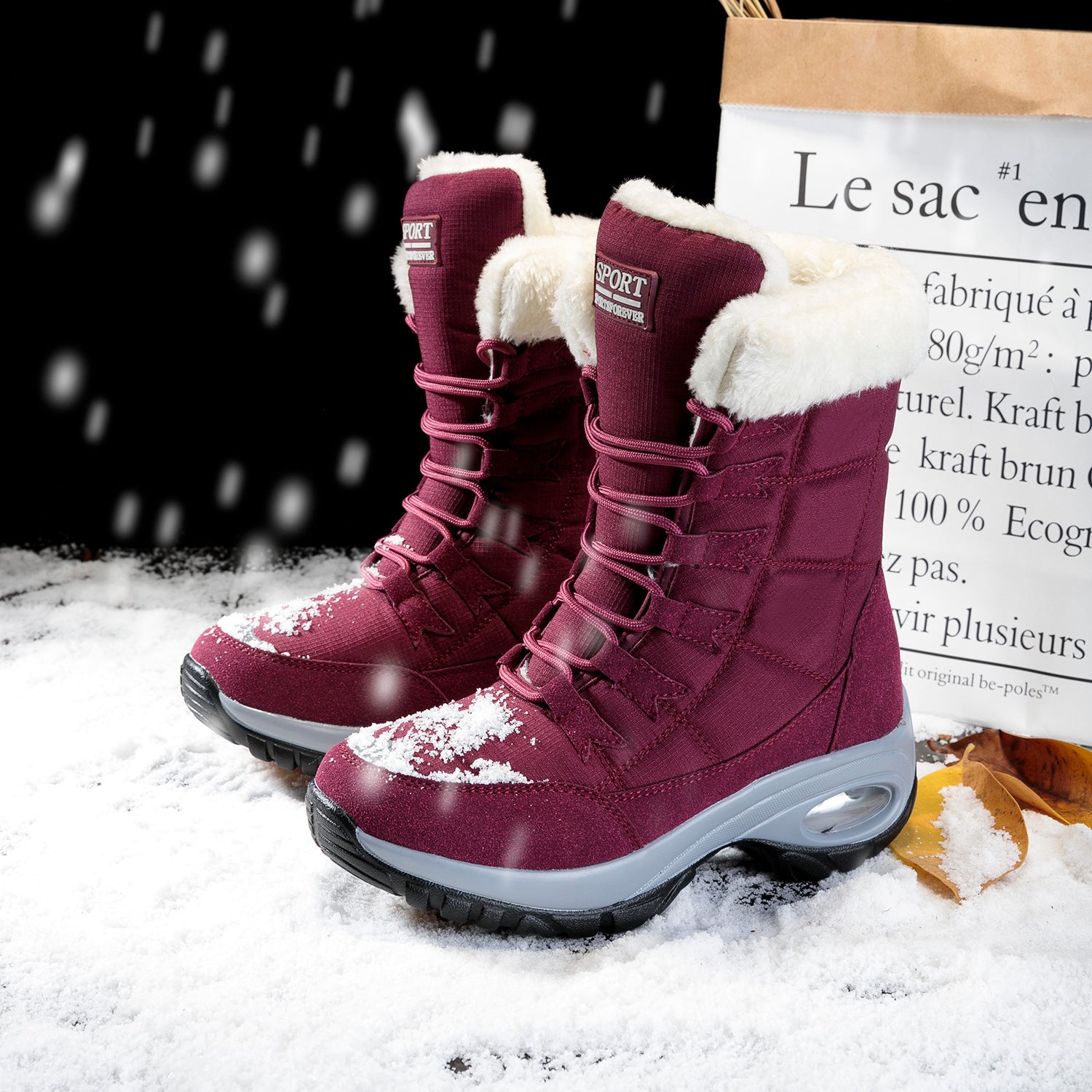 Snow Angel Platform Boots supplier reference view 4 showing black, red and white quilted snow boots with plush black cuffs, black laces and platform soles