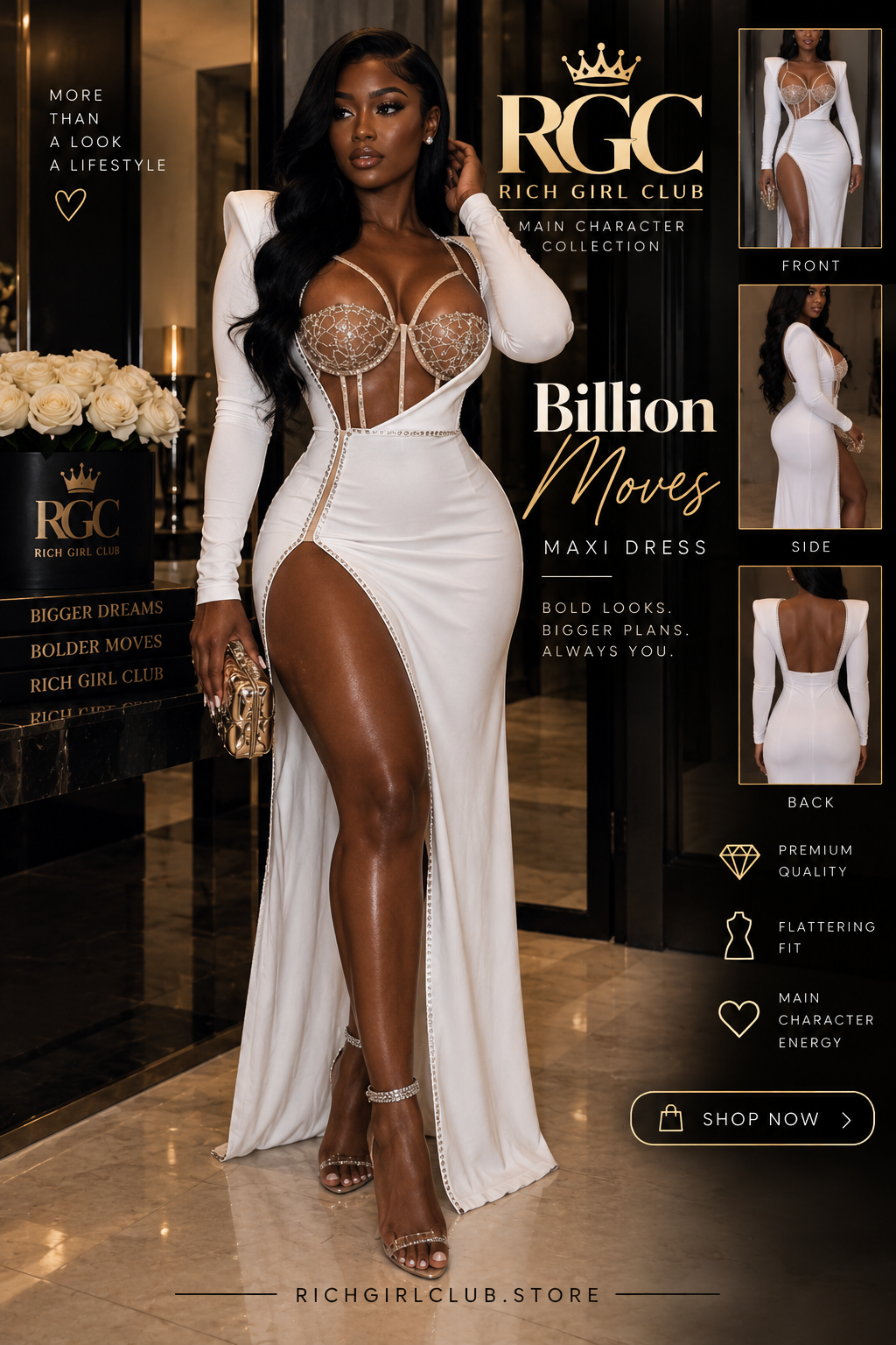 Model wearing a white long-sleeve maxi dress with a sheer corset-style bodice, high thigh slit, and a dramatic train in a luxurious indoor setting. Shown in an RGC campaign graphic with front, side, and back detail insets.