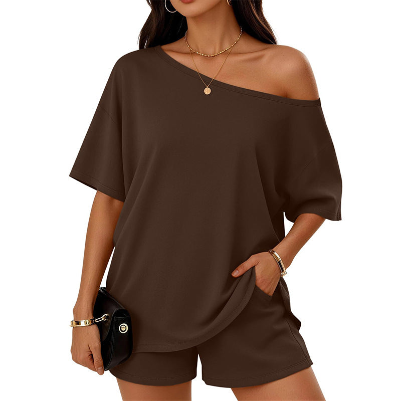 Brown Shoulder Kiss tee and shorts set, repeated supplier front view.