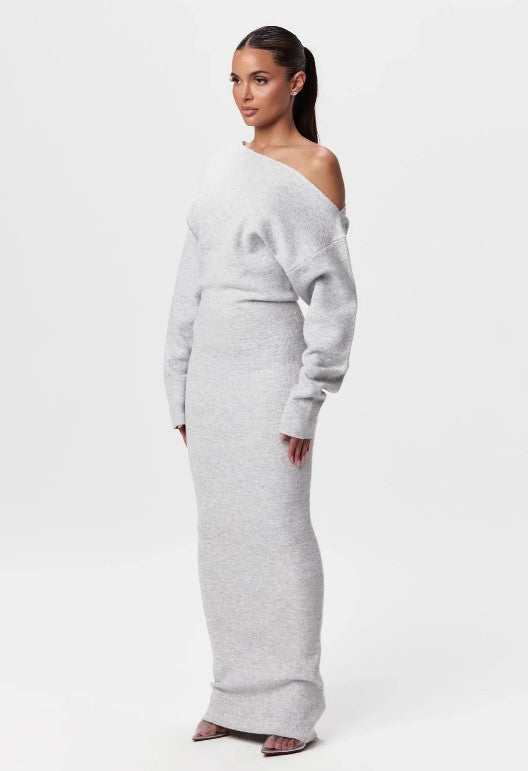 Adult model wearing the light gray Shoulder Kiss Column Dress, full-length front view.