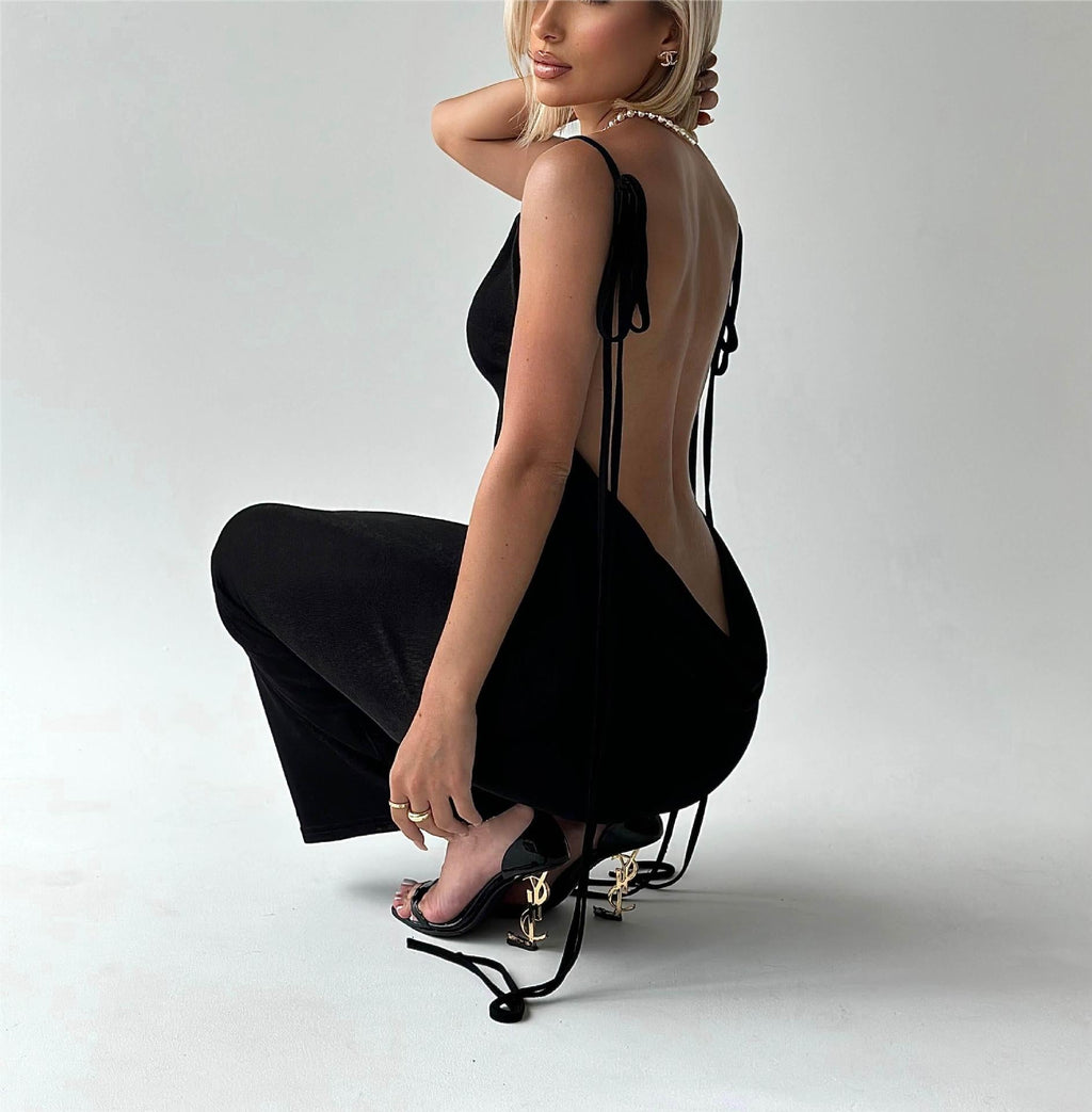 Penthouse Lace-Up Backless Maxi Dress supplier detail view showing the low draped back