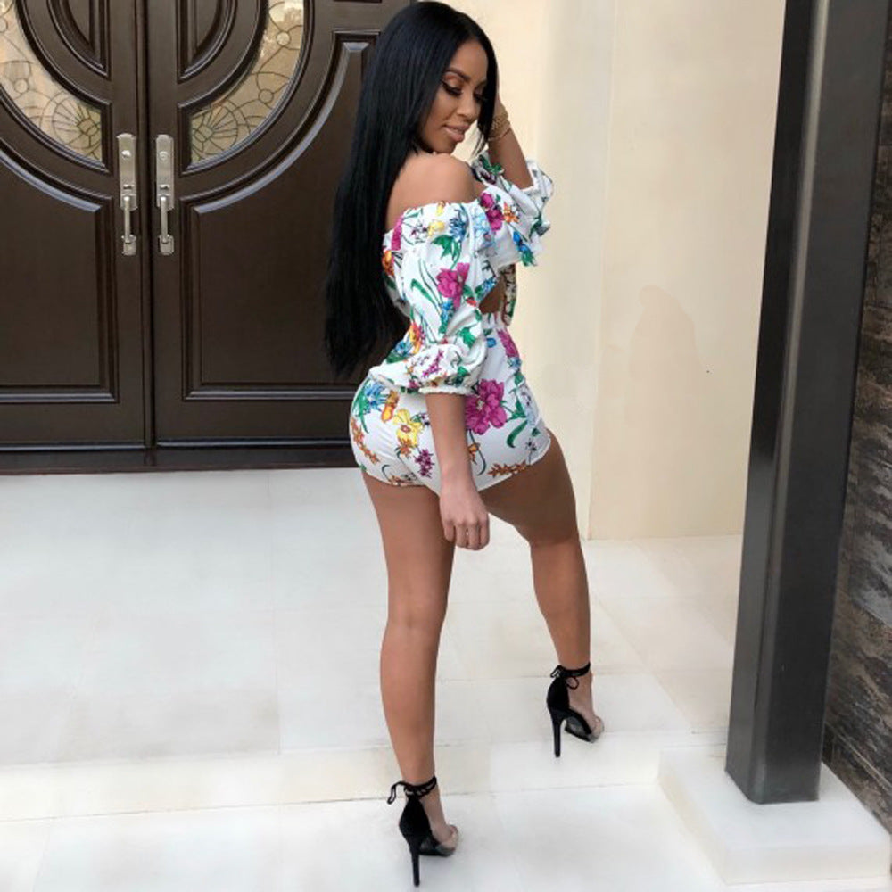Rear and side view of the coordinated white multicolor crop top and shorts set.