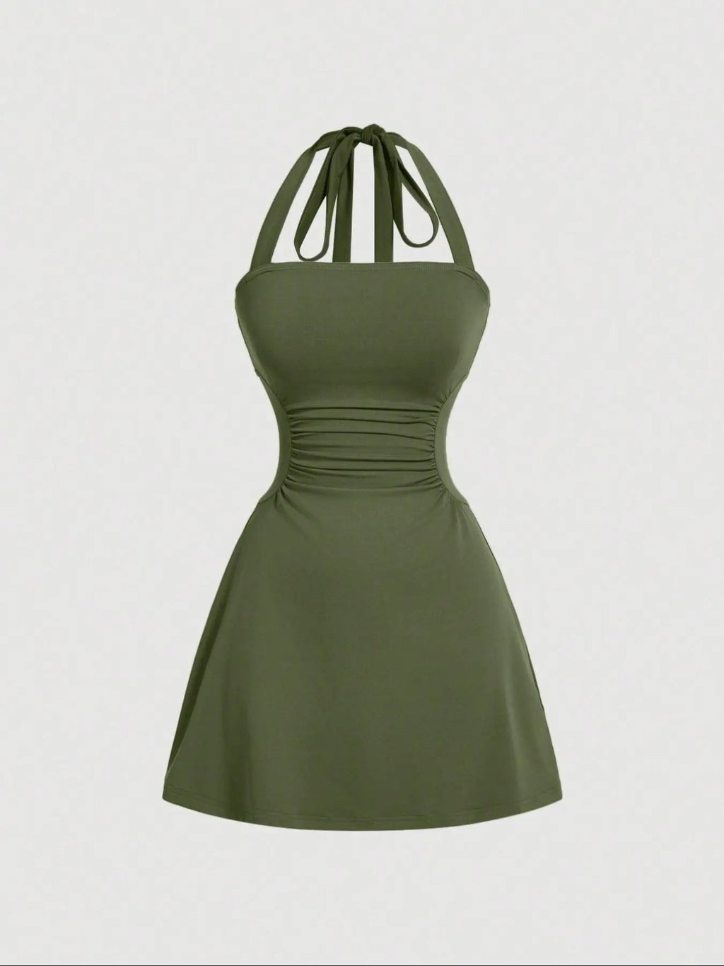 Solid olive-green A-line mini dress with ruched waist and tie-back halter straps, front product view.