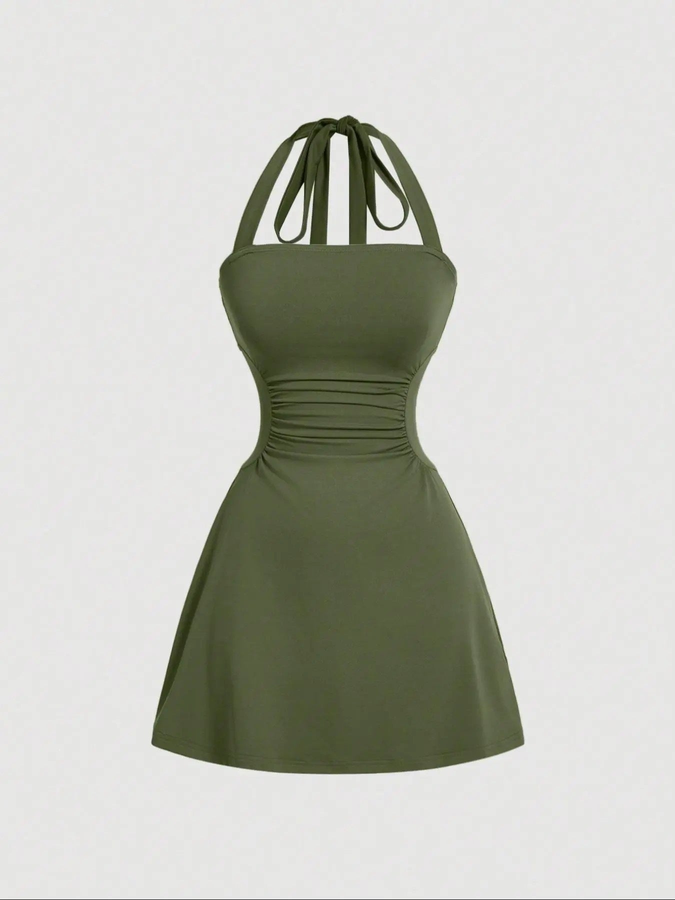 Solid olive-green A-line mini dress with ruched waist and tie-back halter straps, front product view.