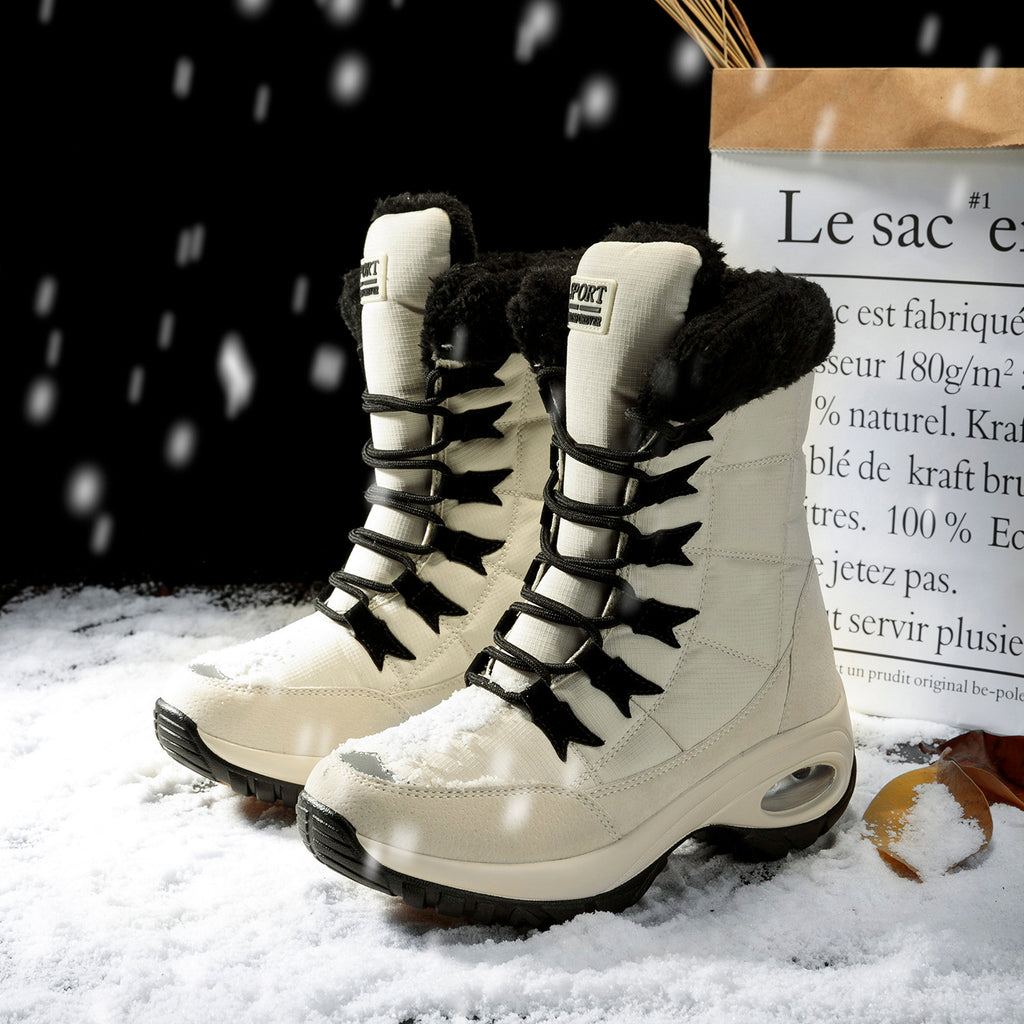 Snow Angel Platform Boots supplier reference view 6 showing black, red and white quilted snow boots with plush black cuffs, black laces and platform soles