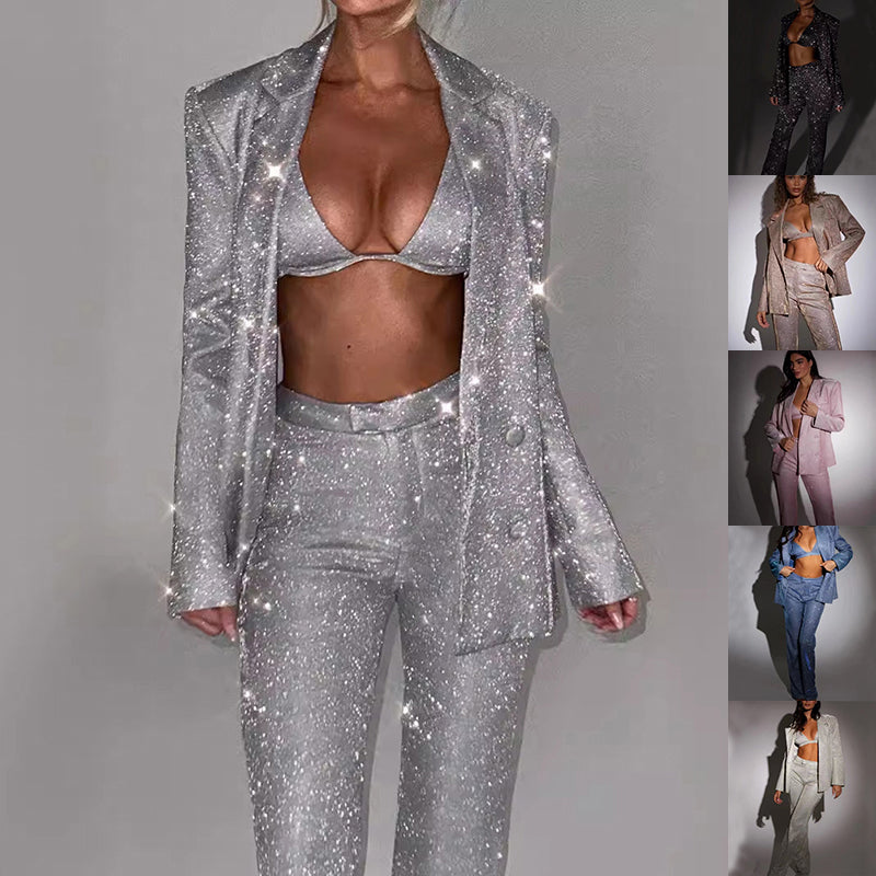 Silver three-piece sequin suit on an adult model with smaller views of black, gold, pink, blue, and silver colorways.