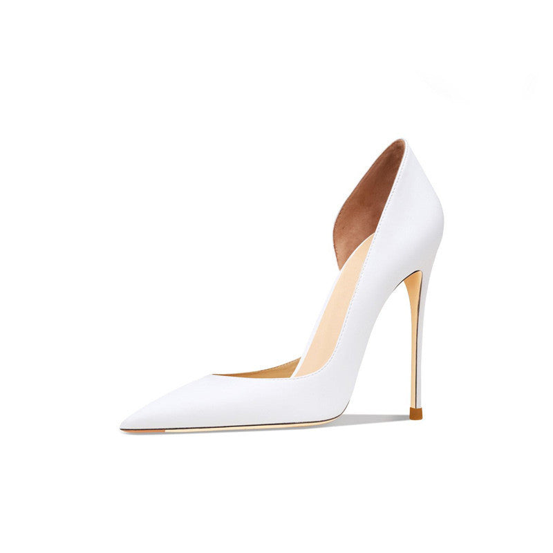 Ivory Authority Cutout Pumps supplier reference view 3 showing white pointed-toe pumps with asymmetrical side cutouts, slim stiletto heels and gold-tone accents