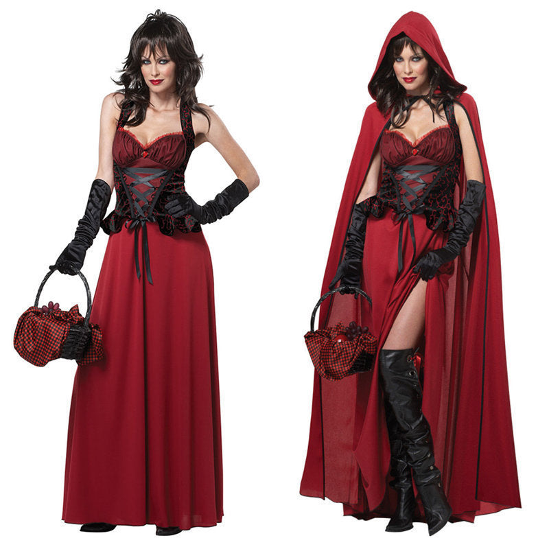 Scarlet Siren red-and-black costume shown with and without the hooded shawl