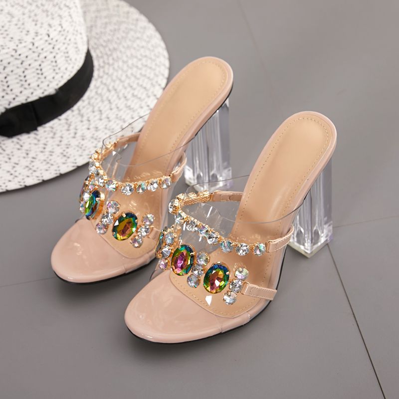 Champagne Spark Block Heels pair viewed from above with transparent jeweled straps