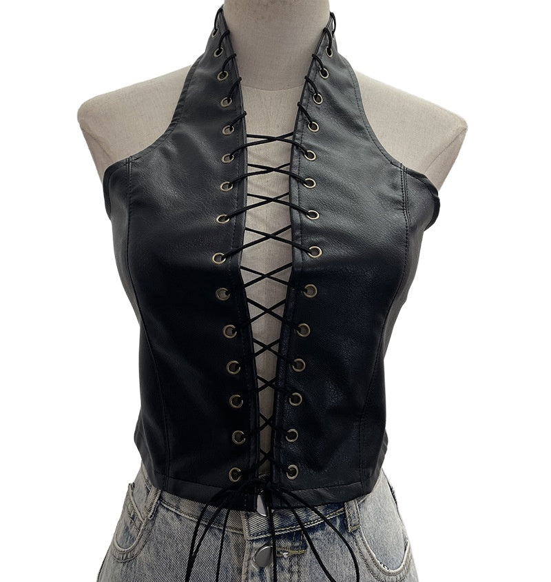 Faux Leather Lace-Up Top