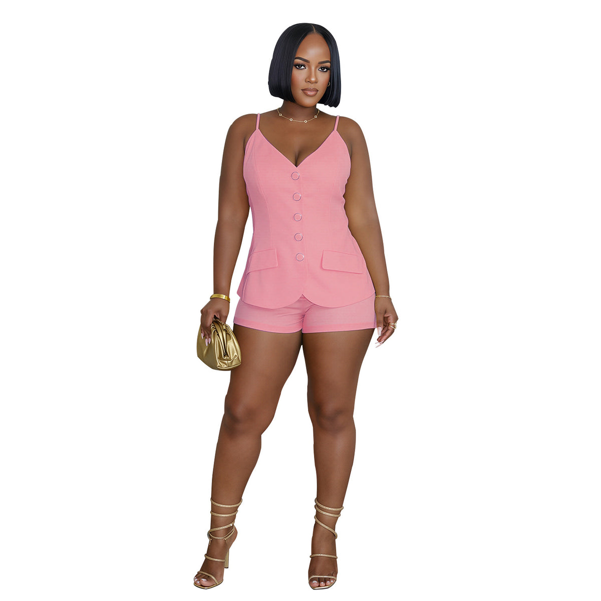Model wearing pink Boardroom Heat sleeveless button-front top and matching shorts, front view on white background