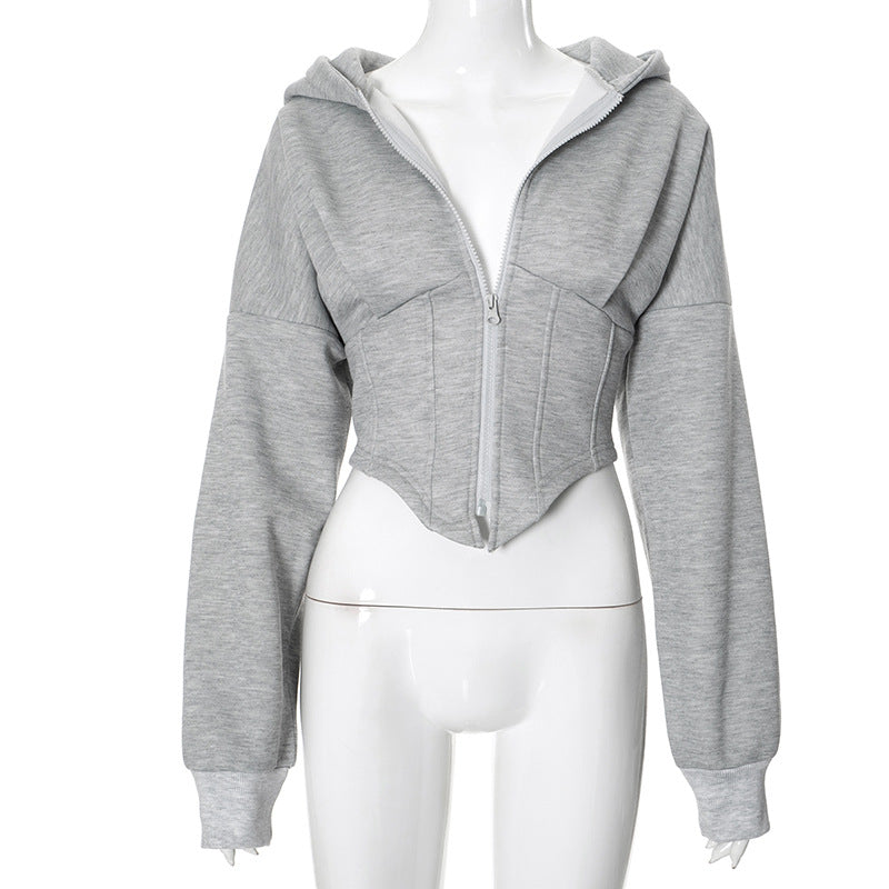 Grey zip-front cropped hoodie on a mannequin, full front view.