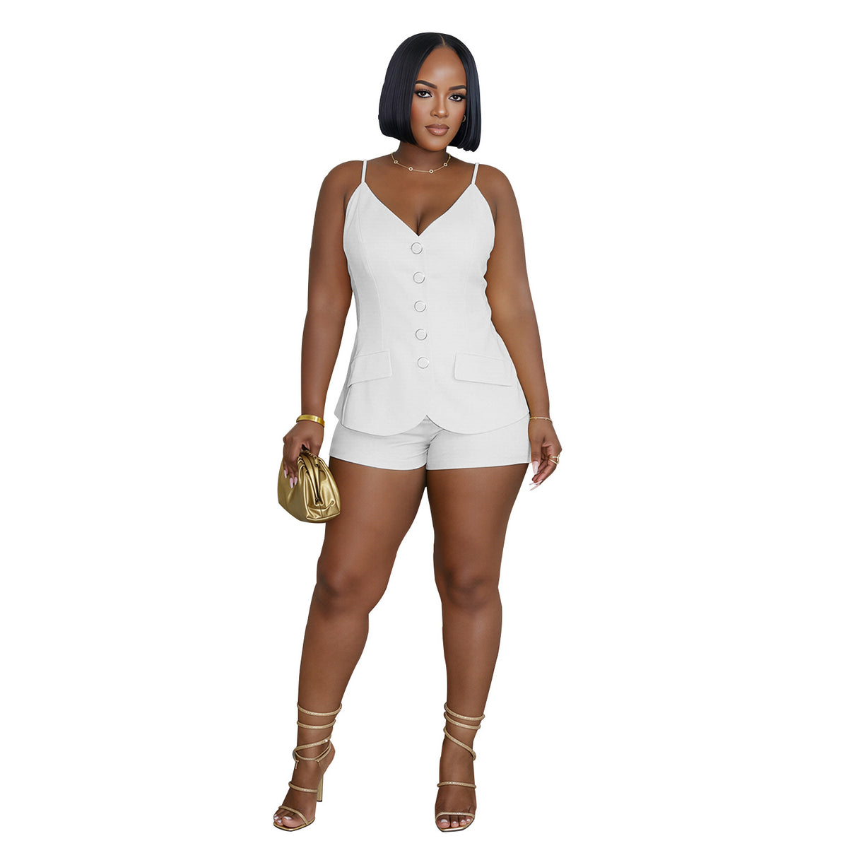 Model wearing white Boardroom Heat sleeveless button-front top and matching shorts, front view on white background