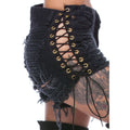 Close side-front view of black distressed lace-up cutout shorts on an adult model.