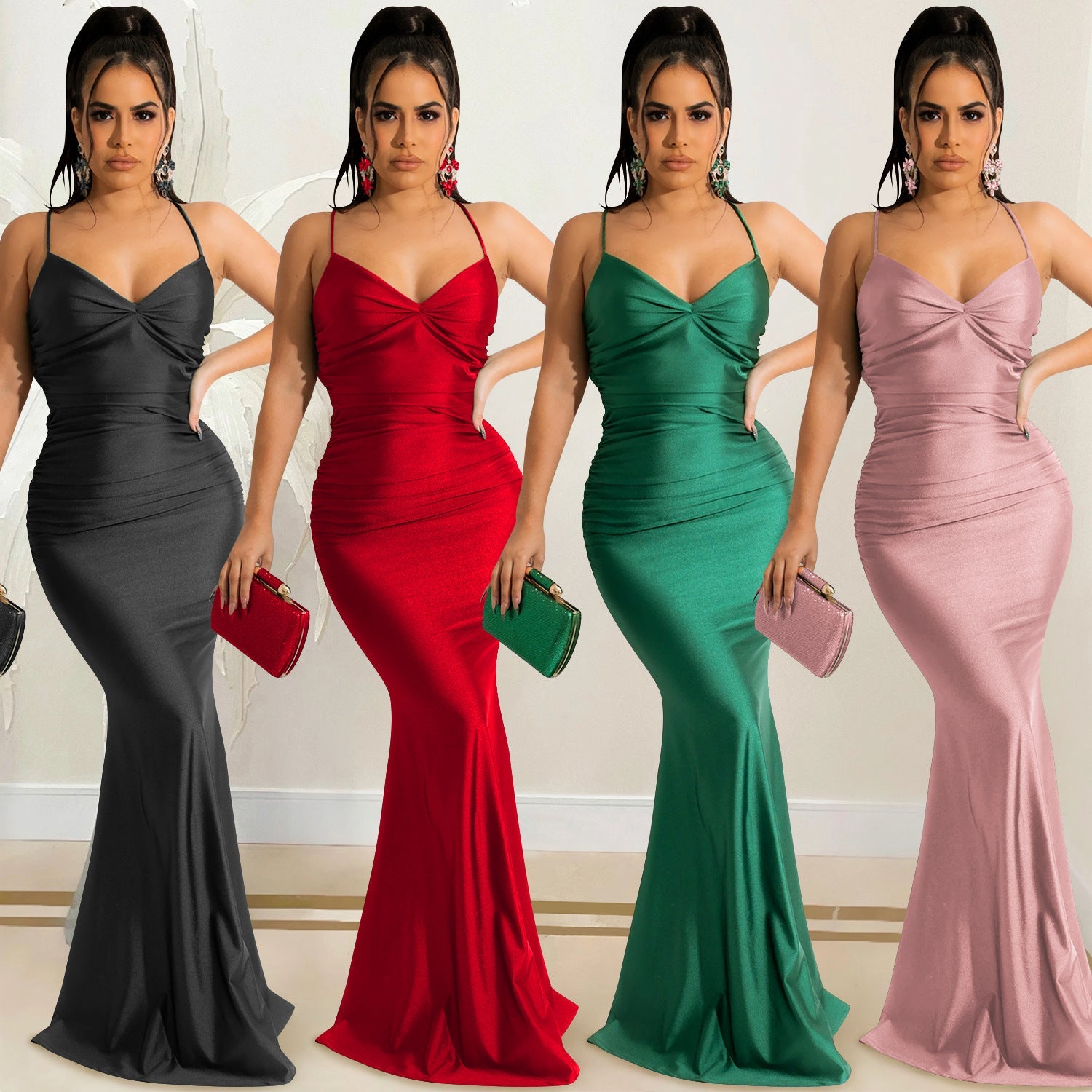 Emerald After Dark satin maxi dress shown in black, red, green, and blush pink